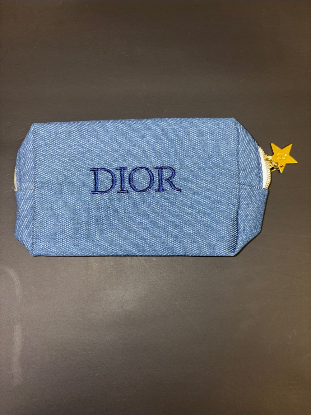 Designer Inspired Light Blue Denim Toiletry Pouch with Star Zip Pull